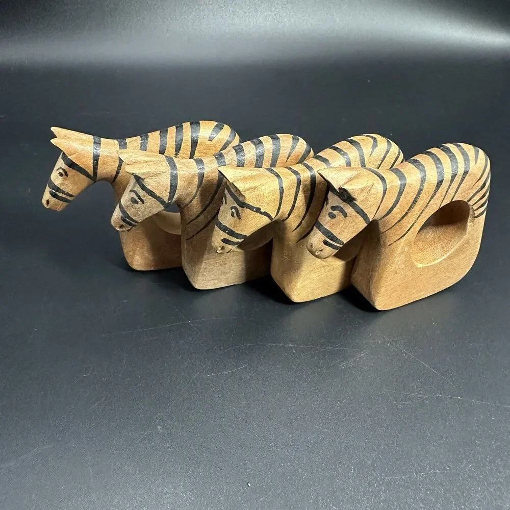 Vintage Wood Zebra Napkin Rings Set 4 Hand Carved Philippine Safari Table Decor